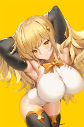 Rule 34 | 1girl, armpits, arms behind head, bare shoulders, bent over, blonde hair, blush, bow, bowtie, breasts, cameltoe, cleavage, cleavage cutout, closed mouth, clothing cutout, covered erect nipples, cowboy shot, elbow gloves, freya (seventh star), gloves, hair between eyes, hair lift, hair ornament, hands in hair, highleg, highleg leotard, highres, impossible clothes, impossible leotard, large breasts, leaning forward, leotard, long hair, looking at viewer, muscular, muscular female, nose, orange background, orange bow, orange bowtie, orange eyes, seventh star, sideboob, signature, simple background, skindentation, sleeveless, solo, thighhighs, tony guisado, tsurime, very long hair, white leotard
