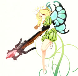 Rule 34 | 1girl, bad id, bad pixiv id, bare legs, blonde hair, bow (weapon), braid, brown eyes, butterfly wings, flower, hair flower, hair ornament, insect wings, koto2, kotokoto (vibgyor), long hair, mercedes (odin sphere), odin sphere, pointy ears, puff and slash sleeves, puffy shorts, puffy sleeves, shorts, solo, weapon, wings