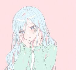 Rule 34 | 1girl, blue eyes, blue hair, blush, buchu14569590, commentary, hands on own face, hands up, hinomori shizuku, kyu-kurarin (cevio), light blue hair, long hair, long sleeves, mole, mole under mouth, open mouth, pink background, project sekai, simple background, solo, symbol-only commentary, upper body