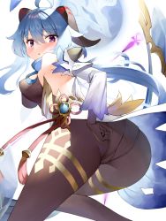 Rule 34 | adjusting clothes, ahoge, ass, bare shoulders, black gloves, black legwear, blue hair, blush, bodystocking, bow (weapon), breasts, chinese knot, curled horns, detached sleeves, flower knot, from behind, ganyu (genshin impact), genshin impact, gloves, gold trim, highres, hino kagutsuki, horns, leotard, leotard under clothes, long hair, looking at viewer, medium breasts, open mouth, orb, purple eyes, sidelocks, solo, tassel, thighlet, vision (genshin impact), weapon, white sleeves