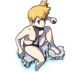 Rule 34 | 1girl, arm up, bare shoulders, black one-piece swimsuit, blue eyes, breasts, bule, collarbone, creatures (company), feet, female focus, from above, game freak, highres, looking at viewer, looking to the side, looking up, medium breasts, misty (pokemon), navel, nintendo, nipple slip, nipples, one-piece swimsuit, orange hair, poke ball, pokemon, pokemon: the electric tale of pikachu, ponytail, rock, shiny skin, short hair, side ponytail, simple background, sitting, solo, spread legs, swimsuit, turtleneck, water, white background