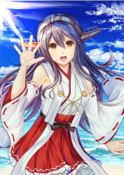 Rule 34 | 1girl, bare shoulders, black hair, blue sky, brown eyes, cloud, cloudy sky, day, detached sleeves, hair between eyes, hair ornament, hairband, hairclip, haruna (kancolle), headgear, japanese clothes, kantai collection, long hair, miyazaki yukichi, ocean, open mouth, red skirt, ribbon-trimmed sleeves, ribbon trim, skirt, sky, smile, solo, sunlight, water, wide sleeves