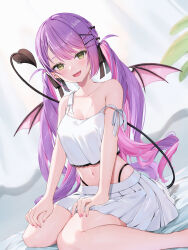 Rule 34 | 1girl, :d, absurdres, bare shoulders, bat wings, black bow, black ribbon, blush, bow, breasts, cleavage, collarbone, demon tail, ear piercing, fang, fingernails, green eyes, hair bow, hair ornament, hair ribbon, highres, hololive, long hair, looking at viewer, medium breasts, multicolored hair, nail polish, navel, off shoulder, open mouth, piercing, pink hair, red nails, ribbon, runlan 0329, sitting, skirt, smile, solo, tail, thighs, tokoyami towa, twintails, two-tone hair, virtual youtuber, white skirt, wings, x hair ornament