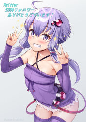 Rule 34 | 1girl, ahoge, bare shoulders, breasts, collarbone, commentary request, criss-cross halter, detached sleeves, double v, dress, gradient background, grey background, grin, hair between eyes, hair ornament, halterneck, hands up, highres, long hair, long sleeves, nail polish, purple dress, purple eyes, purple hair, purple nails, purple sleeves, purple thighhighs, ribbed legwear, small breasts, smile, solo, sparkle, tenneko yuuri, thighhighs, translation request, v, vocaloid, voiceroid, yuzuki yukari