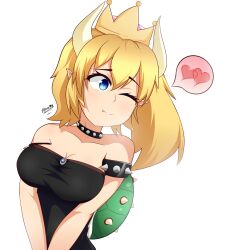 Rule 34 | absurdres, aleuz91, armlet, artist name, bare shoulders, black dress, blonde hair, blue eyes, bowsette, breasts, closed mouth, collarbone, crown, dress, fang, heart, highres, horns, large breasts, looking to the side, mario (series), medium hair, new super mario bros. u deluxe, nintendo, one eye closed, pointy ears, signature, simple background, sleeveless, smile, speech bubble, spiked armlet, spiked shell, spoken heart, upper body, white background, white horns, wink