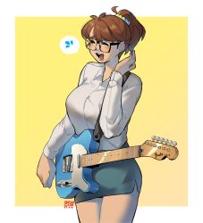 Rule 34 | 1girl, ^ ^, absurdres, black skirt, blush, breasts, clenched hand, closed eyes, collaboration, dated, guitar, hair behind ear, highres, holding, holding instrument, instrument, kakikaki, large breasts, office lady, olverse, open mouth, original, pencil skirt, shirt, skirt, smile, snowcie, snowciel, solo, speech bubble, spoken sweatdrop, sweatdrop, white shirt