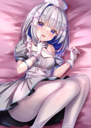 Rule 34 | 1girl, absurdres, amane kanata, amane kanata (nurse), bad id, bad twitter id, bandaged arm, bandages, bed sheet, blue eyes, blue hair, blush, breasts, colored inner hair, detached collar, dress, fang, feet out of frame, gloves, grey dress, grey hair, hair ornament, hairclip, hat, highres, hololive, lanyard, looking at viewer, lying, medium hair, multicolored hair, nurse, nurse cap, on bed, on side, open mouth, pantyhose, pink hair, pleated dress, puffy short sleeves, puffy sleeves, short sleeves, single bare shoulder, small breasts, smile, solo, streaked hair, virtual youtuber, white gloves, white pantyhose, x hair ornament, yuano