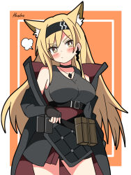 Rule 34 | 1girl, absurdres, animal ear fluff, animal ears, arknights, black hairband, black jacket, black skirt, black tank top, blonde hair, blush, border, breasts, cat ears, cat girl, closed mouth, contrapposto, dot nose, hair between eyes, hairband, hand on own hip, hendra, highres, horn (arknights), inset border, jacket, jewelry, large breasts, legs apart, long sleeves, looking at viewer, open clothes, open jacket, orange background, outside border, pendant, puff of air, red jacket, shirt, signature, simple background, skirt, sleeveless, sleeveless shirt, solo, tank top, two-sided fabric, two-sided jacket, v-shaped eyebrows, white border, yellow eyes