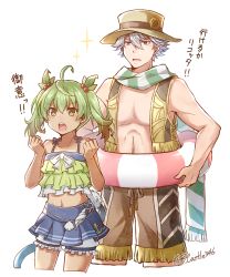 Rule 34 | 1boy, 1girl, ahoge, blue skirt, brown eyes, brown hair, brown headwear, brown shorts, collarbone, crop top, cropped legs, fake tail, falcom, flower, frilled shorts, frills, gradient hair, green hair, hair between eyes, hair bobbles, hair ornament, hat, hat flower, highres, hummel (ys), innertube, long hair, midriff, miniskirt, mishiro (andante), multicolored hair, navel, open mouth, pleated skirt, ricotta (ys), scarf, short shorts, shorts, shorts under skirt, silver hair, simple background, skirt, sleeveless, stomach, striped clothes, striped scarf, sun hat, sunflower, swim ring, tail, twintails, twitter username, two side up, white background, white shorts, ys, ys viii lacrimosa of dana