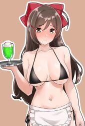 Rule 34 | 1girl, areola slip, bikini, black bikini, blush, bow, breasts, brown background, brown eyes, brown hair, cleavage, closed mouth, cowboy shot, food, furaggu (frag 0416), hair bow, highres, holding, holding tray, ice cream, ice cream float, kantai collection, large breasts, long hair, looking at viewer, mamiya (kancolle), navel, red bow, simple background, solo, swimsuit, tray