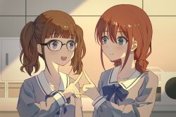 Rule 34 | 2girls, blue bow, blue bowtie, blue eyes, blush, bow, bowtie, brown hair, closed mouth, commentary, girls band cry, glasses, grey shirt, hair between eyes, hina (girls band cry), iseri nina, lanyueqi, long sleeves, low twintails, multiple girls, open mouth, sailor collar, school uniform, serafuku, shirt, short hair, short twintails, symbol-only commentary, teeth, twintails, upper body, upper teeth only, white sailor collar