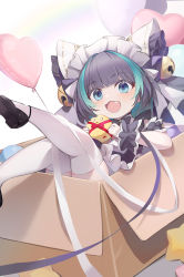 Rule 34 | 1girl, :3, :d, absurdres, animal, azur lane, balloon, bell, bird, black footwear, black hair, blue eyes, blunt bangs, box, cardboard box, chick, commentary request, detached sleeves, fang, hair bell, hair ornament, heart balloon, high heels, highres, holding, holding animal, in box, in container, little cheshire (azur lane), looking at viewer, lying, maid, maid headdress, manjuu (azur lane), multicolored hair, on back, open mouth, scrunchie, short hair, short sleeves, sidelocks, smile, streaked hair, thighhighs, two-tone hair, white thighhighs, wrist scrunchie, yukiyaii