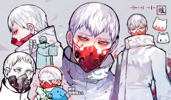 Rule 34 | 1boy, coat, grey hair, high collar, highres, jacket, long sleeves, looking at viewer, male focus, mask, mouth mask, pencil 15, red eyes, short hair, solo, tatara (tokyo ghoul), tokyo ghoul, white hair