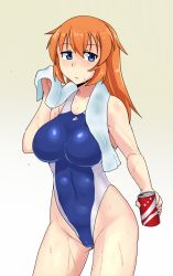 Rule 34 | 1girl, bare shoulders, blue eyes, breasts, can, charlotte e. yeager, competition swimsuit, covered navel, cowboy shot, drink can, gradient background, highleg, highleg swimsuit, kunashiri (etorofu), large breasts, long hair, looking at viewer, one-piece swimsuit, orange hair, simple background, skin tight, soda can, solo, strike witches, sweat, swimsuit, towel, wet, white background, world witches series, yellow background