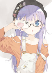 Rule 34 | 1girl, beret, black-framed eyewear, black hat, blue eyes, brown shirt, cellphone, chestnut mouth, collarbone, commentary request, dr. slump, eyebrows hidden by hair, glasses, grey background, hand up, hat, highres, holding, holding phone, kani biimu, long hair, long sleeves, looking at viewer, norimaki arale, off-shoulder shirt, off shoulder, overalls, parted lips, phone, purple hair, semi-rimless eyewear, shirt, solo, two-tone background, under-rim eyewear, upper body, white background