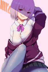 Rule 34 | 1girl, breasts, cleavage, collared shirt, commentary request, gridman universe, highres, jacket, large breasts, light purple hair, long sleeves, looking at viewer, off shoulder, open mouth, pantyhose, purple jacket, red eyes, school uniform, shinjou akane, shirt, short hair, skirt, smile, solo, ssss.gridman, underwear, utsusumi kio, white shirt