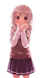 Rule 34 | 1girl, black ribbon, black skirt, blush, brown eyes, brown hair, closed mouth, collared shirt, commentary request, cowboy shot, hands up, highres, interlocked fingers, kago no tori, long hair, long sleeves, looking at viewer, neck ribbon, original, own hands clasped, own hands together, pleated skirt, ribbon, shirt, simple background, skirt, smile, solo, standing, sweater vest, white background, white shirt