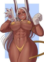 1girl :d abs animal_ears animal_hands arm_strap artist_name bell bikini blue_background boku_no_hero_academia border breasts cat_paws cat_tail claw_pose cleavage cosplay dark-skinned_female dark_skin eyepatch_bikini facial_mark gloves grin gud0c highleg highleg_bikini highres large_breasts long_hair looking_at_viewer mirko navel neck_bell open_mouth parted_bangs paw_gloves paw_pose rabbit_ears rabbit_girl ragdoll_(boku_no_hero_academia) ragdoll_(boku_no_hero_academia)_(cosplay) red_eyes smile solo stomach sweat swimsuit tail thick_thighs thighs toned_female very_long_hair whisker_markings white_border white_gloves white_hair yellow_bikini