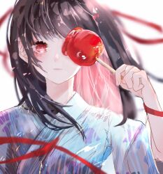 Rule 34 | 1girl, absurdres, black hair, blue kimono, blurry, blurry background, candy apple, closed mouth, expressionless, food, highres, holding, holding food, japanese clothes, kimono, long hair, looking at viewer, miz (elle), one eye covered, original, red eyes, red ribbon, ribbon, summer festival, upper body, white background, yukata