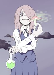 Rule 34 | 1girl, bags under eyes, bright pupils, collared shirt, crossed arms, foreshortening, hair over one eye, half-closed eye, holding, liquid, little witch academia, long hair, long sleeves, looking at viewer, mushroom, orinpachu, pale skin, pink hair, purple background, purple skirt, purple vest, red eyes, shirt, simple background, skirt, sleeve cuffs, smell, smoke, solo, sucy manbavaran, uneven eyes, upper body, vest, white shirt, wing collar, x arms