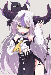 Rule 34 | 1girl, black horns, grey background, hololive, horns, ixy, la+ darknesss, long hair, multicolored hair, open mouth, simple background, smile, solo, streaked hair, striped horns, tail, thighs, virtual youtuber, white hair