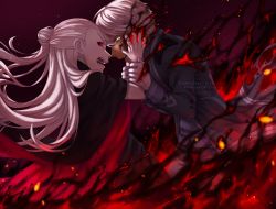 Rule 34 | 1boy, 1girl, artist name, crying, dark persona, dark skin, deviantart username, evil, fire, gloves, glowing, glowing eye, holding hands, hand on own arm, hand on own wrist, highres, insertsomthinawesome, long hair, long sleeves, looking at another, open mouth, professor ozpin, red eyes, rwby, salem (rwby), short hair, standing, teeth, white gloves, white hair, wind
