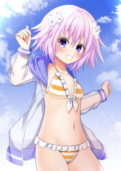 Rule 34 | 1girl, artist request, bikini, bikini skirt, breasts, d-pad, d-pad hair ornament, grin, hair ornament, highres, jacket, legs, looking at viewer, navel, neptune (neptunia), neptune (series), open clothes, open jacket, purple eyes, purple hair, short hair, small breasts, smile, solo, swimsuit, thighs