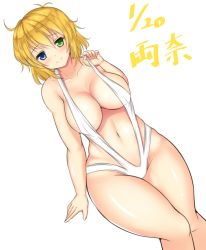 Rule 34 | 10s, 1girl, adapted costume, ahoge, bikini, bikini pull, blonde hair, blue eyes, blush, breasts, character name, cleavage, closed mouth, clothes pull, collarbone, cowboy shot, dated, dutch angle, green eyes, heterochromia, large breasts, looking at viewer, navel, noeomi, pulling own clothes, ryouna (senran kagura), senran kagura, senran kagura shinovi versus, short hair, slingshot swimsuit, smile, solo, stomach, swimsuit, white background, white bikini