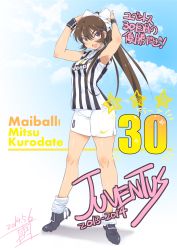 Rule 34 | 1girl, armpits, bare shoulders, bow, breasts, brown eyes, brown hair, cleats, hair bow, highres, inoue sora, italian flag, italy, jersey, juventus fc, kurodate mitsu, long hair, loose socks, mai ball!, nike (company), open mouth, ponytail, shiny skin, shorts, sleeves rolled up, soccer, soccer uniform, socks, solo, sportswear, text focus, translation request, wristband