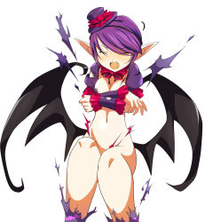 Rule 34 | 1girl, animal print, bat (animal), bat print, blush, breasts, clam curry, cleavage, closed eyes, covering privates, demon girl, fang, gothic lolita, hat, highres, lamica, lolita fashion, pixiv sample, pointy ears, print legwear, purple eyes, purple hair, queen&#039;s blade, queen&#039;s blade spiral chaos, resized, short hair, simple background, torn clothes, wardrobe malfunction, white background