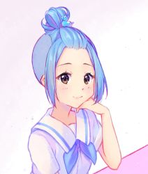 Rule 34 | 1girl, arm up, blue hair, blush, brown eyes, closed mouth, hair rings, hand on own cheek, hand on own face, hyanna-natsu, looking at viewer, original, sailor, sailor collar, shirt, short hair, short sleeves, sidelocks, simple background, smile, solo, tareme, topknot, upper body, white background, white shirt