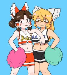 Rule 34 | 2girls, :3, @ @, alternate costume, arm between breasts, benikurage (cookie), between breasts, black skirt, blonde hair, blush, bow, breasts, brown hair, bseibutsu, character name, cheerleader, closed mouth, clothes writing, commentary request, cookie (touhou), crop top, facial mark, feet out of frame, flat chest, frilled hair tubes, frills, hair bow, hair tubes, hakurei reimu, half updo, highres, kirisame marisa, large breasts, long hair, looking at viewer, looking down, mars (cookie), medium hair, midriff, miniskirt, multiple girls, navel, open mouth, parted bangs, pom pom (cheerleading), ponytail, red bow, red eyes, red skirt, simple background, skirt, touhou, uneven eyes, wavy mouth, whisker markings, white bow