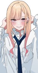 Rule 34 | 1girl, blonde hair, blue necktie, blush, buttons, collared shirt, dress shirt, ear piercing, earrings, eyelashes, eyes visible through hair, hands in hair, highres, jewelry, kitagawa marin, long hair, long sleeves, looking at viewer, luvluvvox, necktie, parted bangs, partially unbuttoned, piercing, pink eyes, pink hair, shirt, simple background, smile, solo, sono bisque doll wa koi wo suru, straight hair, upper body, white background, white shirt, wing collar