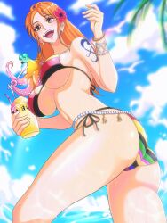 Rule 34 | 1girl, absurdres, bangle, bikini, blue sky, bracelet, breasts, cup, earrings, flower, from below, hair flower, hair ornament, highres, holding, holding cup, jewelry, large breasts, long hair, looking at viewer, nami (one piece), navel, octopus, one piece, opalis, open mouth, orange eyes, orange hair, outdoors, pearl earrings, shoulder tattoo, sky, solo, swimsuit, tattoo, underboob