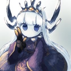 Rule 34 | 1girl, black gloves, blue eyes, colored skin, crown, dress, gloves, grey background, hand up, highres, horns, long sleeves, looking at viewer, mana matitia (okame nin), no mouth, okame nin, original, purple dress, simple background, solo, v, white hair, white skin