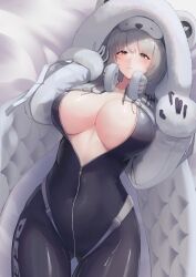 Rule 34 | 1girl, black bodysuit, bodysuit, breasts, brown eyes, cleavage, clothes writing, commentary, gluteal fold, goddess of victory: nikke, grey hair, half-closed eyes, hands up, headphones, headphones around neck, highres, hood, hood up, huge breasts, large breasts, long sleeves, looking at viewer, lying, mask, mask on head, mole, mole on breast, mole under mouth, neve (nikke), no bra, on back, open bodysuit, open clothes, parted lips, partially unzipped, short hair, sleep mask, sleeves past wrists, slit pupils, solo, suzuya (maru), symbol-only commentary, thick eyebrows, thigh gap, zipper pull tab