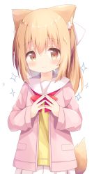 Rule 34 | 1girl, absurdres, animal ear fluff, animal ears, blush, bow, brown eyes, closed mouth, commentary request, hair between eyes, hair bow, highres, jacket, light brown hair, long hair, long sleeves, looking at viewer, miike-chan, nakkar, open clothes, open jacket, original, pink jacket, pleated skirt, red bow, sailor collar, shirt, simple background, skirt, smile, solo, sparkle, steepled fingers, tail, white background, white bow, white sailor collar, white skirt, yellow shirt