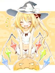 Rule 34 | 1girl, :d, ^ ^, bad id, bad pixiv id, bare shoulders, blonde hair, bloomers, blush, camisole, closed eyes, collarbone, closed eyes, fangs, female focus, flandre scarlet, flat chest, halloween, hat, hat ribbon, jack-o&#039;-lantern, looking at viewer, navel, open mouth, ribbon, saeki touma, side ponytail, smile, solo, touhou, underwear, underwear only, white bloomers, wings, witch hat
