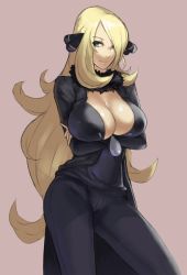 Rule 34 | 1girl, blonde hair, breast hold, breasts, center opening, cleavage, cowboy shot, creatures (company), crossed arms, cynthia (pokemon), eu03, female focus, fur collar, game freak, hair ornament, hair over one eye, highres, huge breasts, jacket, large breasts, long hair, looking at viewer, mature female, nintendo, no bra, pants, pokemon, pokemon dppt, simple background, smile, solo, standing, very long hair, yellow eyes
