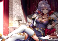 Rule 34 | 1girl, armor, breasts, cake, cape, cleavage, dappled sunlight, elbow gloves, fire emblem, fire emblem: genealogy of the holy war, food, gloves, high heels, holding, holding spoon, indoors, ishtar (fire emblem), jewelry, large breasts, long hair, looking at viewer, necklace, nightstand, nintendo, pauldrons, ponytail, purple eyes, purple hair, shoulder armor, sitting, solo, spoon, strawberry shortcake, sunlight, thighhighs, utensil, wani (fadgrith)