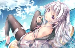 Rule 34 | 1girl, ahoge, bikini, black thighhighs, breasts, dutch angle, floating, grey hair, highres, innertube, jacket, looking at viewer, open clothes, open jacket, original, outdoors, purple eyes, ryo (botugo), small breasts, solo, swim ring, swimsuit, thighhighs, two side up, water