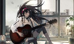 Rule 34 | 1girl, black hair, brown hair, candle, guitar, hairband, highres, holding, holding instrument, holding plectrum, hood, hoodie, indoors, instrument, kukka, leaf, long hair, looking away, multicolored hair, nail polish, open mouth, original, pillow, plant, plectrum, potted plant, rain, red nails, sitting, solo, teeth, very long hair, window