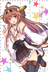Rule 34 | 10s, 1girl, :d, ahoge, bare shoulders, black thighhighs, blush, boots, brown hair, detached sleeves, double bun, frilled skirt, frills, hair bun, hair ornament, hairband, headgear, highres, index finger raised, japanese clothes, kantai collection, kongou (kancolle), long hair, md5 mismatch, nontraditional miko, open mouth, personification, purple eyes, resolution mismatch, ribbon-trimmed sleeves, ribbon trim, skirt, smile, solo, source smaller, star (symbol), thigh boots, thighhighs, zonana