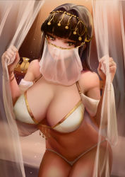 Rule 34 | 1girl, absurdres, bracelet, breasts, brown eyes, brown hair, curtains, hair ornament, heart, heart-shaped pupils, highres, jewelry, large breasts, leaning forward, long hair, looking at viewer, lynus, naoko (lynus), navel, original, ring, solo, stomach, symbol-shaped pupils, veil