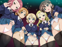 Rule 34 | 5girls, :o, assam (girls und panzer), black eyes, black hair, blonde hair, blue eyes, blue sweater, blush, braid, breasts, cameltoe, closed mouth, clothes lift, clothes pull, covered erect nipples, cowboy shot, crown braid, darjeeling (girls und panzer), girls und panzer, green panties, groin, hair over shoulder, happy, highres, large breasts, legs, long hair, looking at viewer, medium breasts, medium hair, multiple girls, navel, necktie, open mouth, orange hair, orange pekoe (girls und panzer), ouhashi, panties, pantyhose, pantyhose pull, pink hair, pink panties, purple eyes, pussy, rosehip (girls und panzer), rukuriri (girls und panzer), school uniform, simple background, single braid, skirt, skirt lift, small breasts, smile, st. gloriana&#039;s school uniform, standing, sweat, sweater, thighs, underwear, v, white panties, yellow eyes, yellow panties