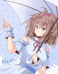 Rule 34 | 1girl, ahoge, alternate costume, blue dress, blue eyes, brown hair, dress, frilled cuffs, hair intakes, kantai collection, long hair, one-hour drawing challenge, sheffield (kancolle), shizuna kaede, solo, twitter username, umbrella, upper body, wrist cuffs