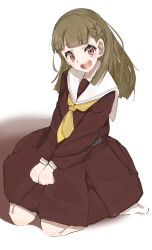 Rule 34 | 1girl, :d, absurdres, blush, braid, brown dress, brown hair, center-flap bangs, commentary, dress, full body, hands on lap, hasu no sora school uniform, highres, kachimachi kosuzu, link! like! love live!, long hair, long sleeves, looking at viewer, love live!, medium dress, neckerchief, no shoes, open mouth, pink eyes, pleated dress, recycle (uchi mlk), sailor collar, sailor dress, school uniform, shadow, side braids, simple background, sitting, smile, socks, solo, straight hair, teeth, tongue, upper teeth only, virtual youtuber, wariza, white background, white sailor collar, white socks, winter uniform, yellow neckerchief
