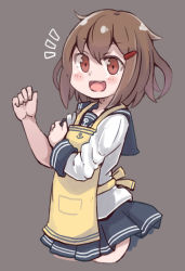 Rule 34 | 1girl, apron, blue sailor collar, blue skirt, blush, brown hair, cropped legs, es (eisis), fang, grey background, hair between eyes, hair ornament, hairclip, highres, ikazuchi (kancolle), kantai collection, long sleeves, looking at viewer, notice lines, open mouth, orange eyes, pleated skirt, sailor collar, school uniform, serafuku, short hair, simple background, skirt, sleeves rolled up, solo, yellow apron