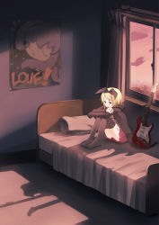 Rule 34 | &gt; &lt;, 1girl, bed, blonde hair, blue eyes, cameo, electric guitar, closed eyes, guitar, hair ribbon, instrument, k2pudding, kagamine rin, megurine luka, poster (medium), poster (object), ribbon, sitting, solo, fender stratocaster, takoluka, thighhighs, vocaloid, zettai ryouiki