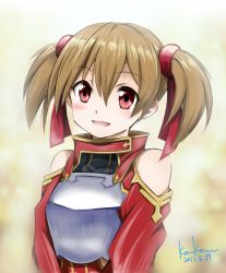 Rule 34 | 10s, 1girl, :d, armor, artist name, blush, breastplate, brown hair, hair ribbon, highres, kem kem, md5 mismatch, open mouth, red eyes, resolution mismatch, ribbon, short twintails, silica, smile, solo, source larger, sword art online, twintails
